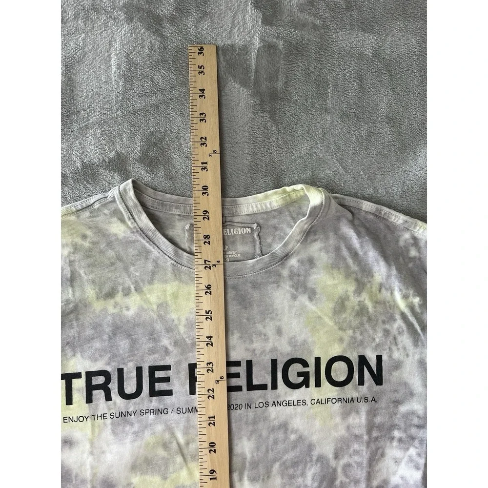 True Religion Mens Shirt 3XL Gray Yellow Tie Dye Logo Graphic Short Sleeve